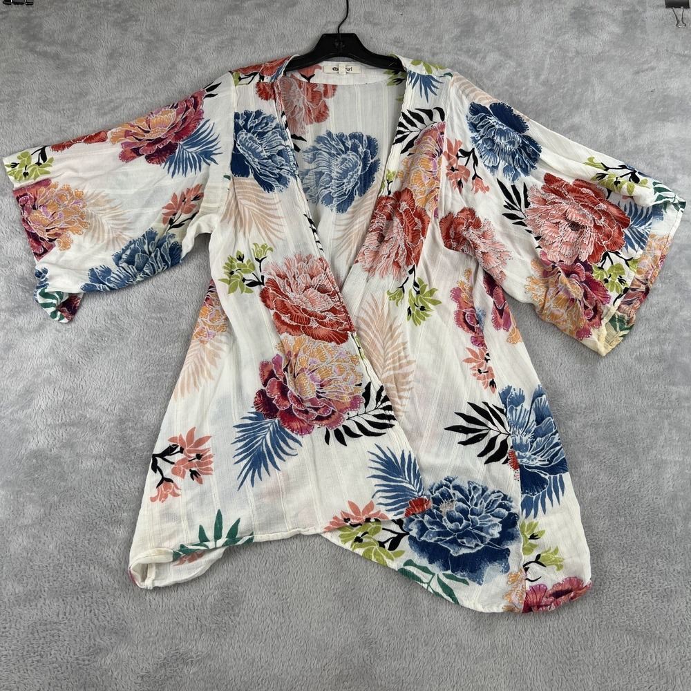 Rip Curl Floral Kimono Wrap Top M White Tropical Boho Beach Cover Up Cardigan
